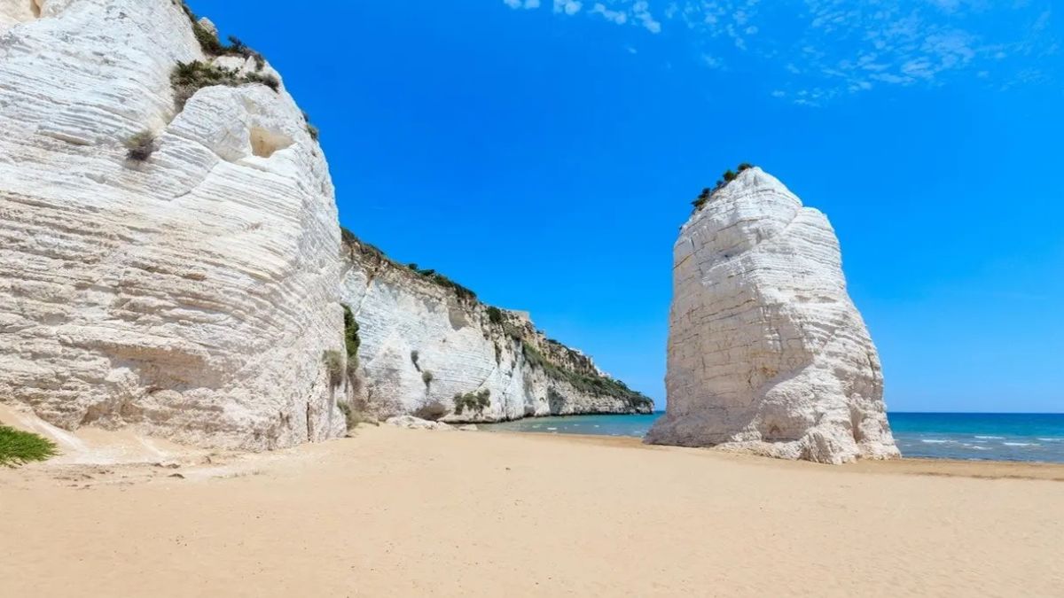 Spiaggia nascosta in Puglia, circondata da rocce e vegetazione, con acque cristalline e sabbia dorata.